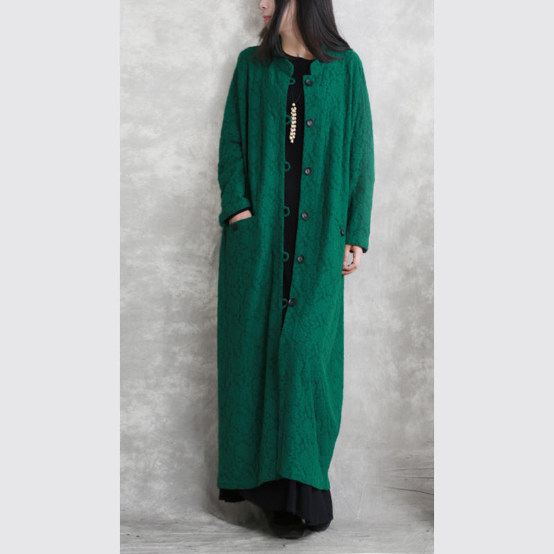 Green Maxi Coat Stand Pockets Cotton Linen Coat Long Sleeve Baggy Coat