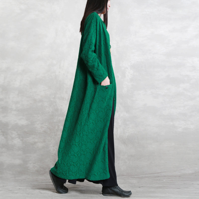 Green Maxi Coat Stand Pockets Cotton Linen Coat Long Sleeve Baggy Coat