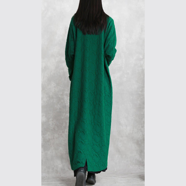 Green Maxi Coat Stand Pockets Cotton Linen Coat Long Sleeve Baggy Coat