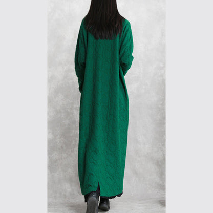 Green Maxi Coat Stand Pockets Cotton Linen Coat Long Sleeve Baggy Coat