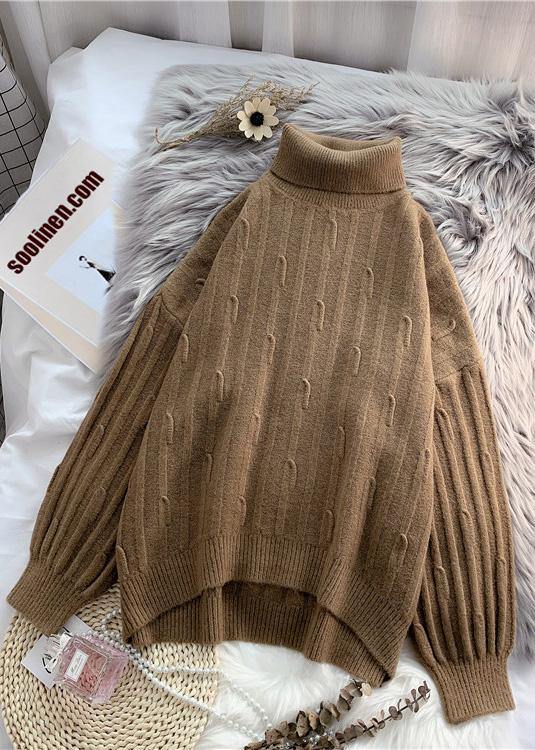 High Neck Purpke Redknit Tops Oversized Cable Knitted Top
