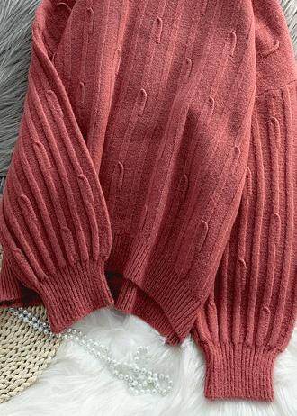 High Neck Purpke Redknit Tops Oversized Cable Knitted Top
