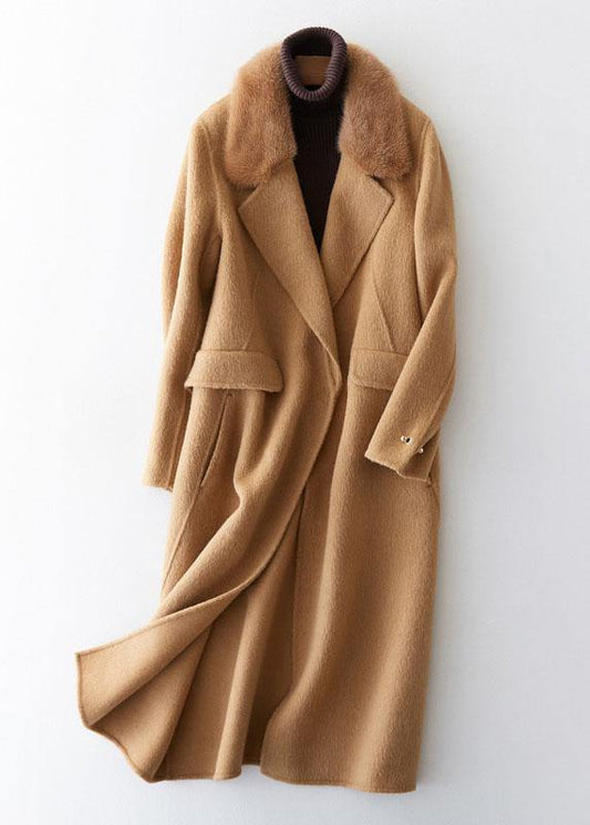 Khaki Woolen Coats Winter Coat Fur Collar Jackets Tie Waist