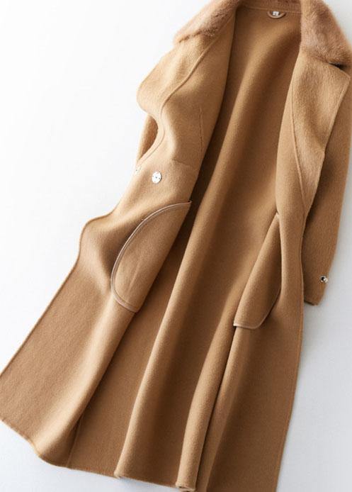 Khaki Woolen Coats Winter Coat Fur Collar Jackets Tie Waist