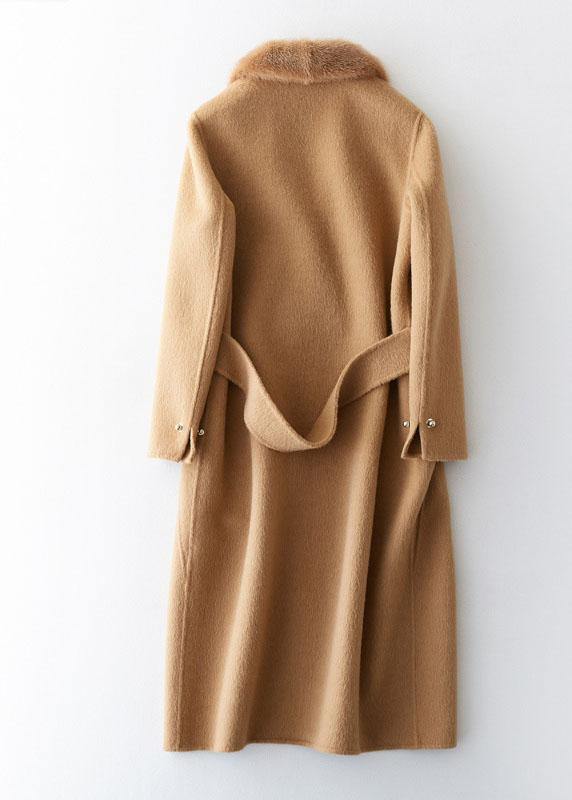 Khaki Woolen Coats Winter Coat Fur Collar Jackets Tie Waist