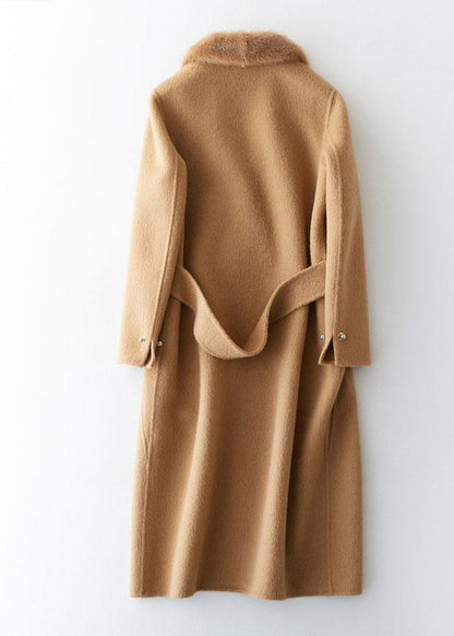 Khaki Woolen Coats Winter Coat Fur Collar Jackets Tie Waist