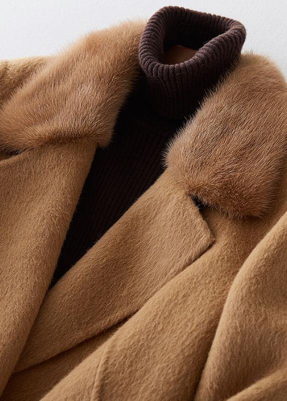 Khaki Woolen Coats Winter Coat Fur Collar Jackets Tie Waist