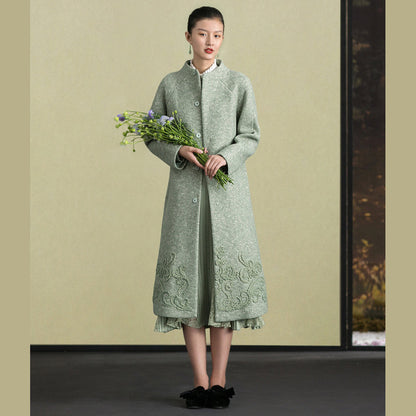Light Green Woolen Outwear Stand Collar Winter Jackets Embroidery Coats