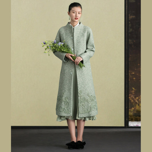 Light Green Woolen Outwear Stand Collar Winter Jackets Embroidery Coats