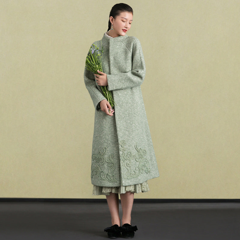 Light Green Woolen Outwear Stand Collar Winter Jackets Embroidery Coats