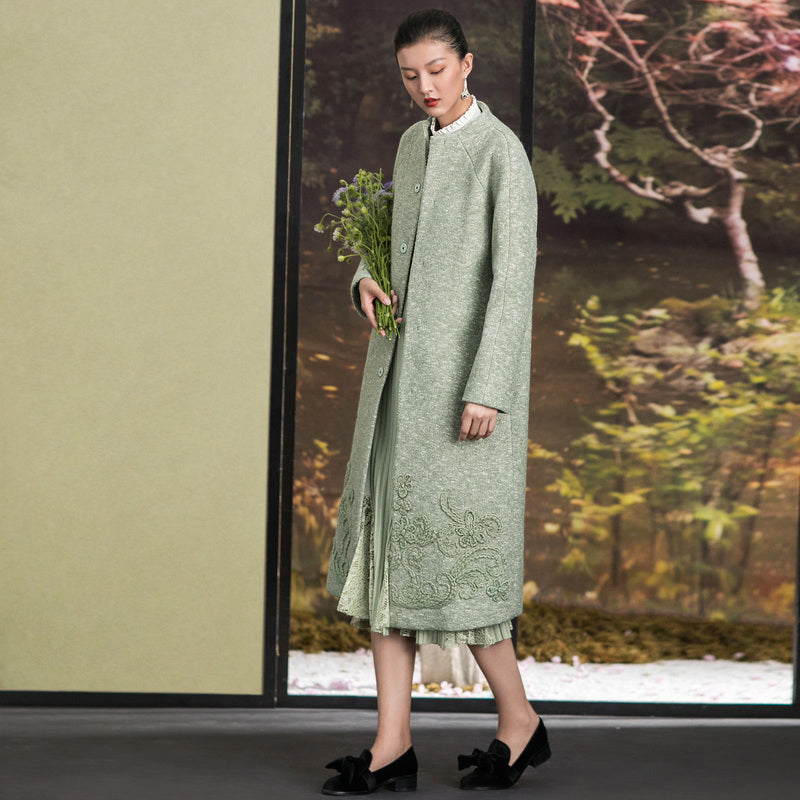 Light Green Woolen Outwear Stand Collar Winter Jackets Embroidery Coats