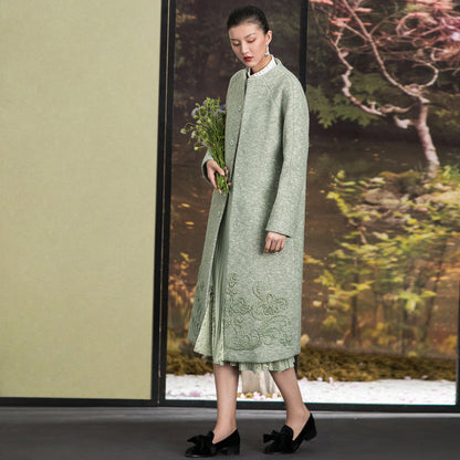 Light Green Woolen Outwear Stand Collar Winter Jackets Embroidery Coats