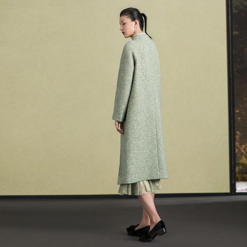Light Green Woolen Outwear Stand Collar Winter Jackets Embroidery Coats