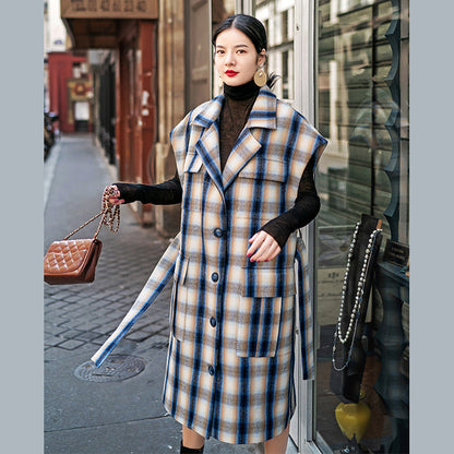Navy Plaid Long Coat Notched Tie Waist Coats Pockets Sleeveless Long Jackets