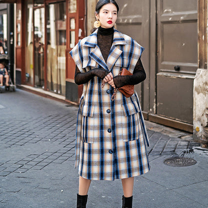 Navy Plaid Long Coat Notched Tie Waist Coats Pockets Sleeveless Long Jackets