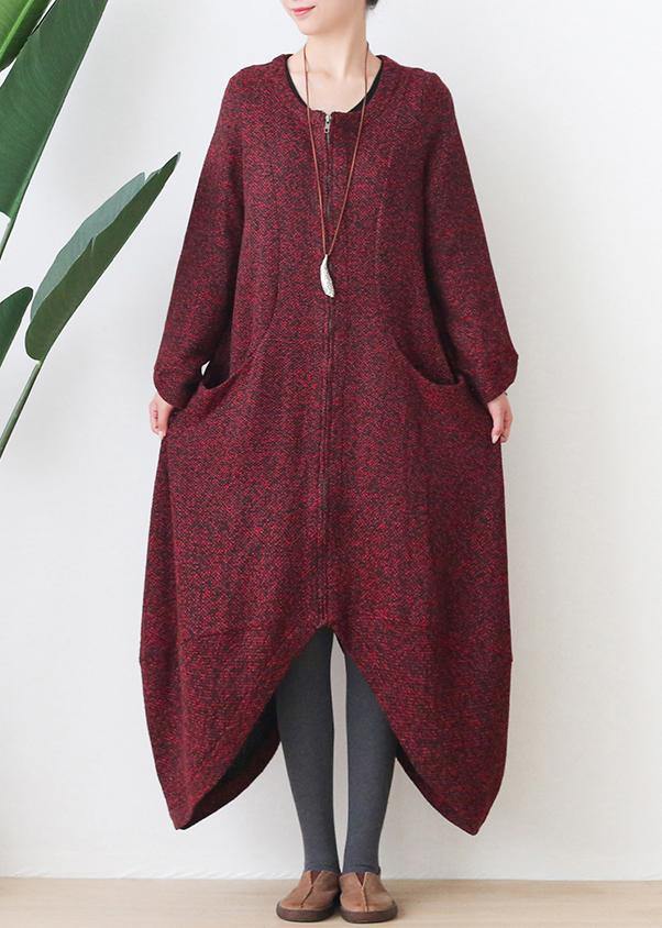 Oversize Medium Length Coat Winter Coats Red V Neck Asymmetric Wool Jackets
