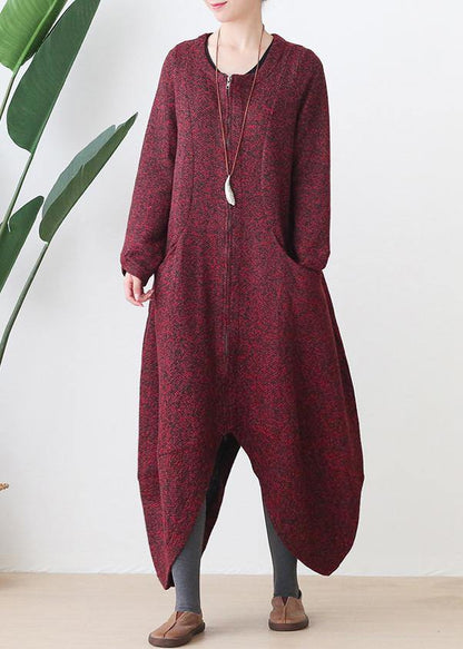 Oversize Medium Length Coat Winter Coats Red V Neck Asymmetric Wool Jackets