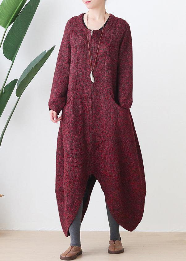 Oversize Medium Length Coat Winter Coats Red V Neck Asymmetric Wool Jackets