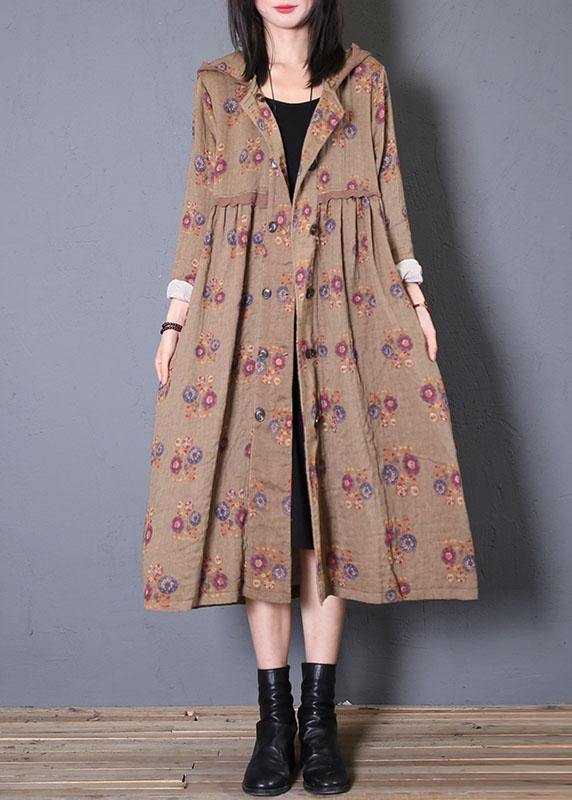 Oversized Coat Fall Khaki Print Hooded Cinched Coats