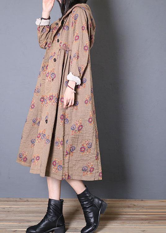 Oversized Coat Fall Khaki Print Hooded Cinched Coats
