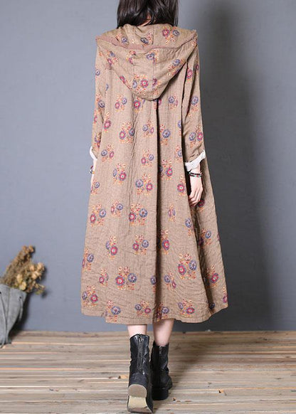 Oversized Coat Fall Khaki Print Hooded Cinched Coats