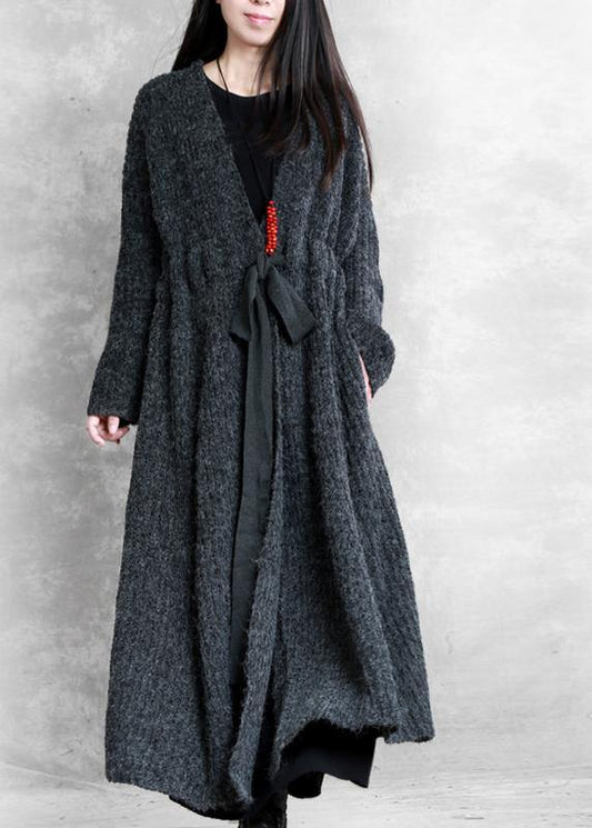 Oversized Long Winter Coat Dark Gray V Neck Drawstring Wool Coat for Woman
