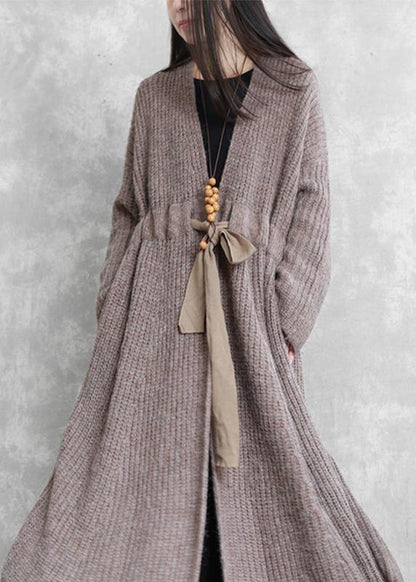 Oversized Long Winter Coat Dark Gray V Neck Drawstring Wool Coat for Woman