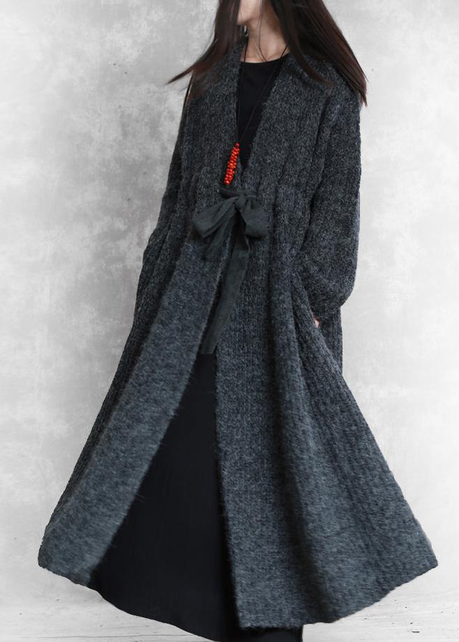 Oversized Long Winter Coat Dark Gray V Neck Drawstring Wool Coat for Woman