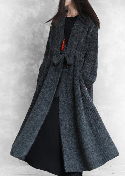 Oversized Long Winter Coat Dark Gray V Neck Drawstring Wool Coat for Woman