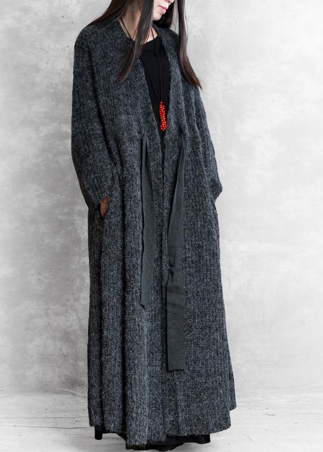 Oversized Long Winter Coat Dark Gray V Neck Drawstring Wool Coat for Woman