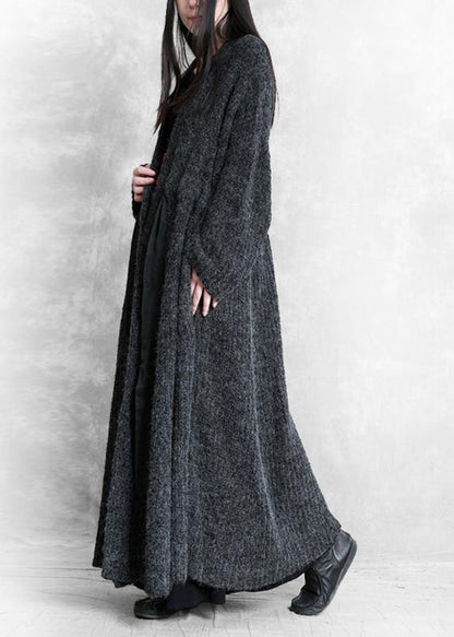 Oversized Long Winter Coat Dark Gray V Neck Drawstring Wool Coat for Woman