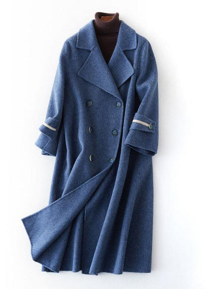 Oversized Long Winter Coat Double Breast Outwear Denim Blue Notched Wool Jackets