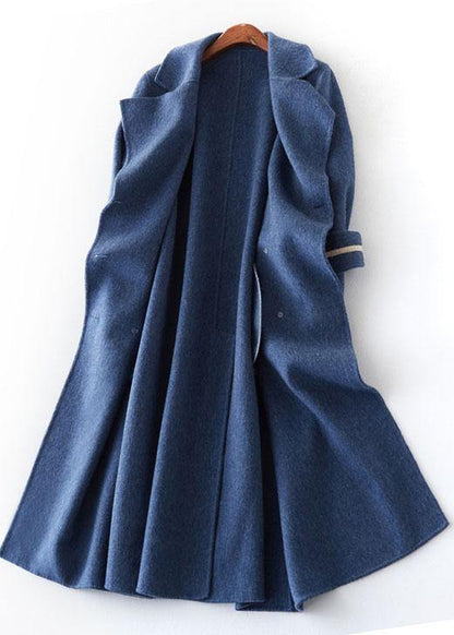 Oversized Long Winter Coat Double Breast Outwear Denim Blue Notched Wool Jackets