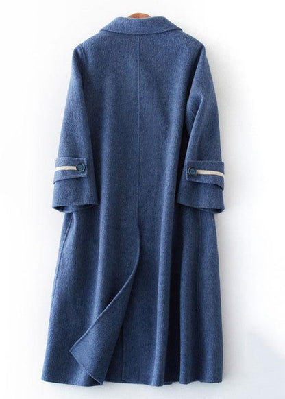 Oversized Long Winter Coat Double Breast Outwear Denim Blue Notched Wool Jackets