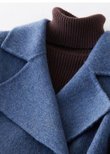 Oversized Long Winter Coat Double Breast Outwear Denim Blue Notched Wool Jackets