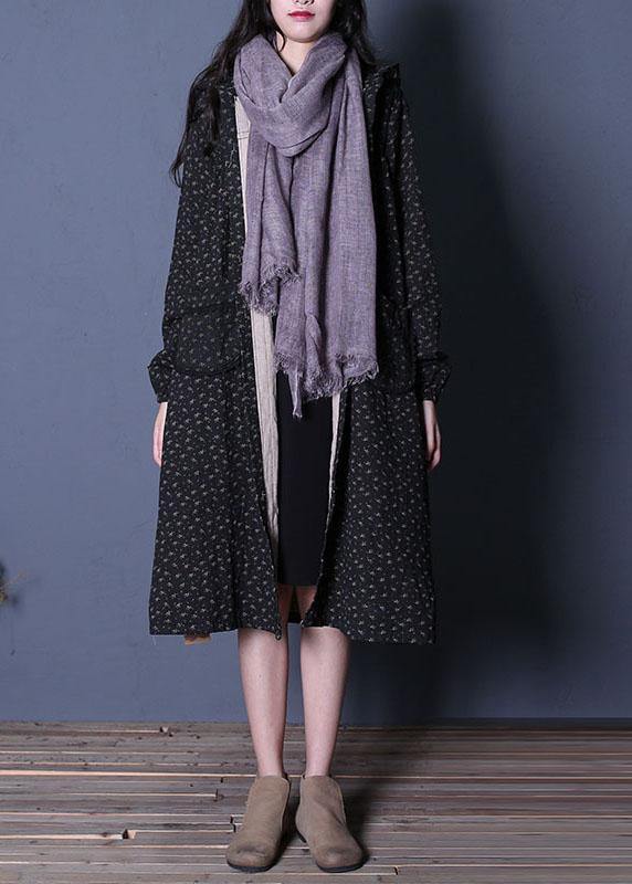 Coats Fall Black Print Hooded Coats