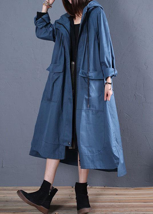Fall Blue Hooded Coats Low High Design Overcoat