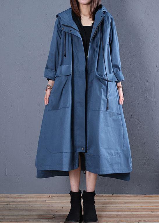 Fall Blue Hooded Coats Low High Design Overcoat