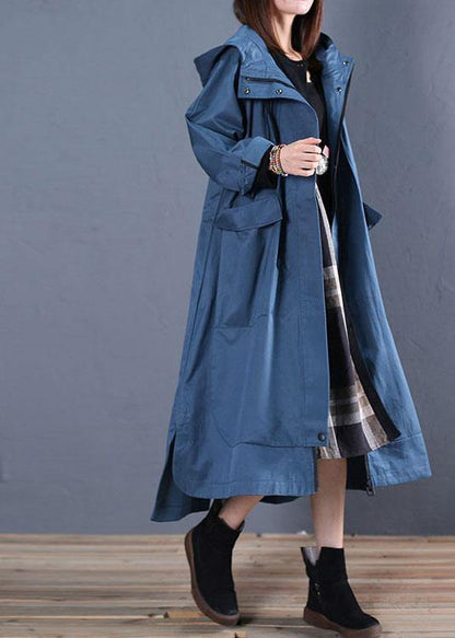 Fall Blue Hooded Coats Low High Design Overcoat