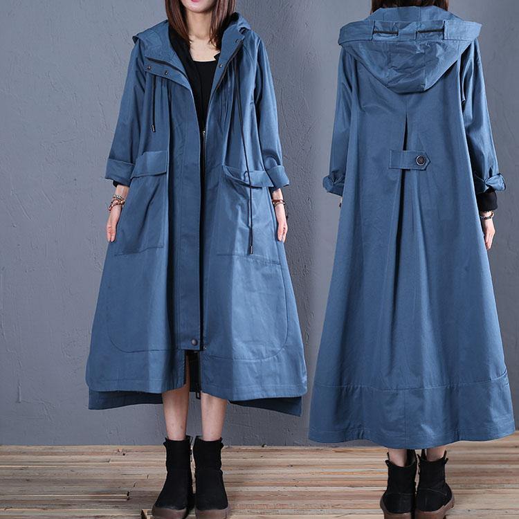 Fall Blue Hooded Coats Low High Design Overcoat