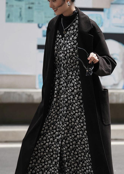 Long Coat Woolen Outwear Black Notched Tie Waist Coats