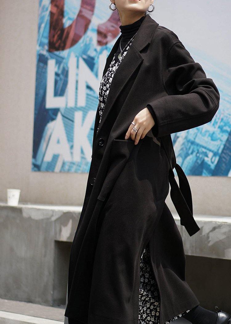 Long Coat Woolen Outwear Black Notched Tie Waist Coats