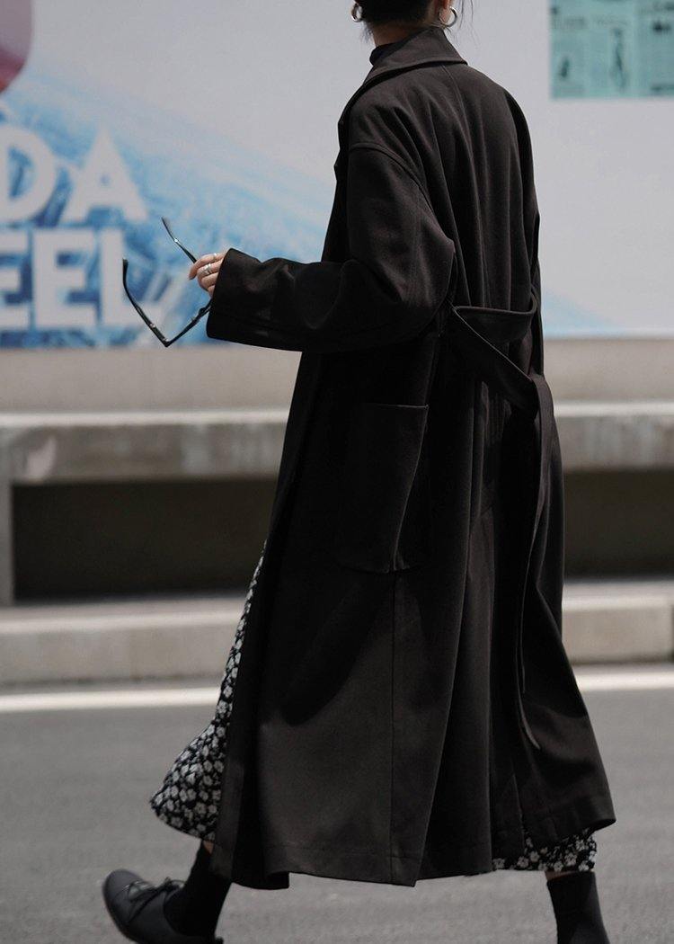 Long Coat Woolen Outwear Black Notched Tie Waist Coats