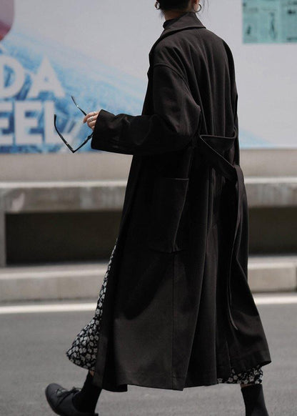 Long Coat Woolen Outwear Black Notched Tie Waist Coats