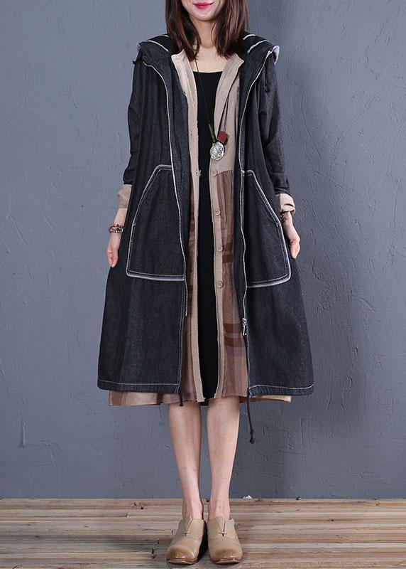 Trench Coat Fall Black Hooded Overcoat