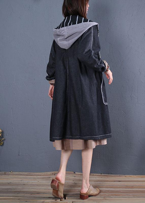 Trench Coat Fall Black Hooded Overcoat