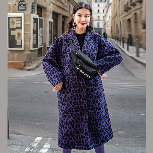 Purple Leopard Coats Oversize Notched Outwear Pockets Wool Jackets