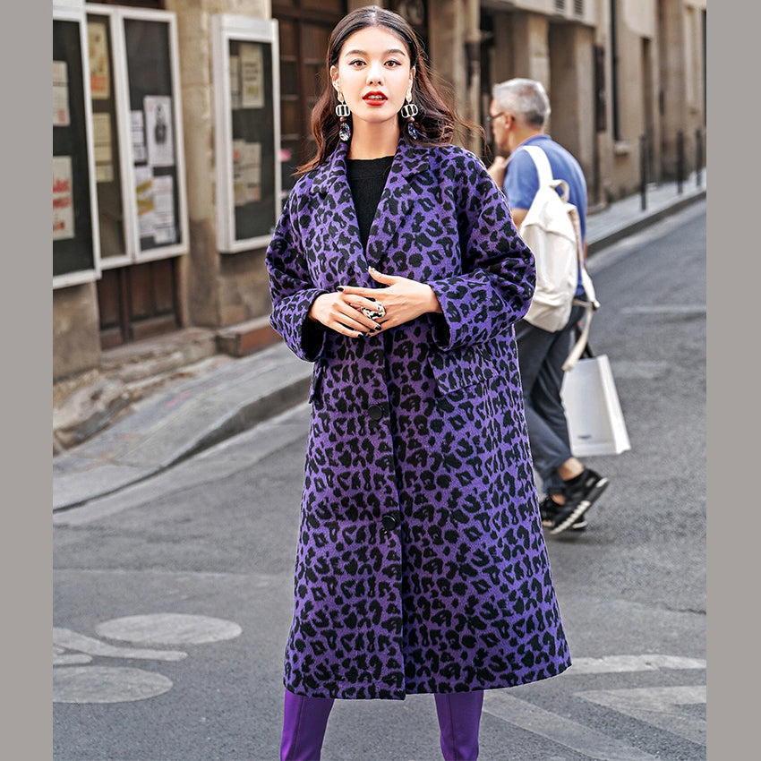 Purple Leopard Coats Oversize Notched Outwear Pockets Wool Jackets