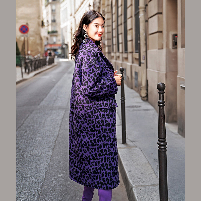 Purple Leopard Coats Oversize Notched Outwear Pockets Wool Jackets