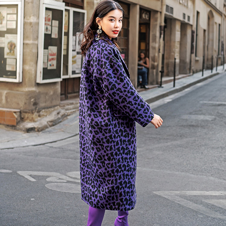 Purple Leopard Coats Oversize Notched Outwear Pockets Wool Jackets